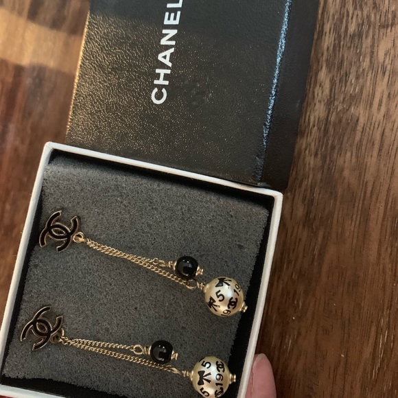 CHANEL Jewelry - CHANEL Enamel CC Pearl Dangle Earrings Black